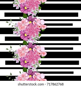 Vintage seamless pattern with cute delicate pink flowers on  striped background. Flower background for textile, cover, wallpaper, gift packaging, printing, scrapbooking.Romantic design for calico.