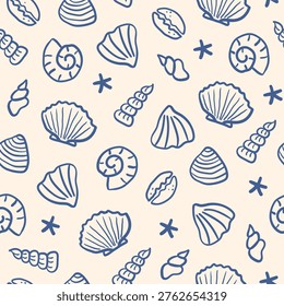 Vintage seamless pattern with cute doodle seashells. Trendy beach hand drawn background. Vector illustration. Blue and beige colors
