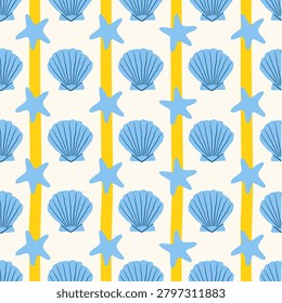 Vintage seamless pattern with cute doodle seashells, starfish and vertical stripes. Trendy beach hand drawn background. Blue and yellow colors. Vector illustration.