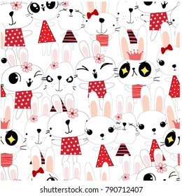 Vintage seamless pattern cute emotional rabbit bunny,happy cartoon for card background vector,freehand drawing doodle comic art illustration