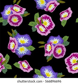 Vintage seamless pattern with cute flowers petunia. Hand-drawn floral background for textile, cover, wallpaper, gift packaging, printing, scrapbooking.Romantic design for calico.