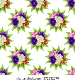 Vintage seamless pattern with cute flowers, berries and  leaves. Hand-drawn floral background for textile, cover, wallpaper, gift packaging, printing, scrapbooking.Romantic design for calico.