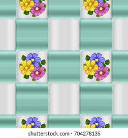 Vintage seamless pattern with cute meadow flowers on a striped background. Hand-drawn floral background for textile, cover, wallpaper, gift packaging, printing.Romantic design for calico.