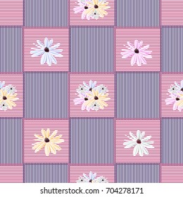 Vintage seamless pattern with cute meadow flowers on  striped background. Hand-drawn floral background for textile, cover, wallpaper, gift packaging, printing.Romantic design for calico.