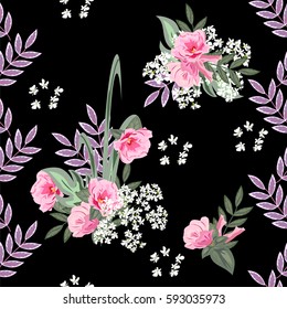 Vintage seamless pattern with cute pink flowers. Hand-drawn floral background for textile, cover, wallpaper, gift packaging, printing.Romantic design for calico.