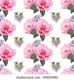 Vintage seamless pattern with cute pink flowers. Hand-drawn floral background for textile, cover, wallpaper, gift packaging, printing.Romantic design for calico.