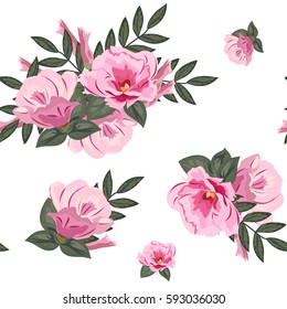 Vintage seamless pattern with cute pink flowers. Hand-drawn floral background for textile, cover, wallpaper, gift packaging, printing.Romantic design for calico.