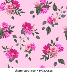 Vintage seamless pattern with cute pink flowers and fresh twigs. Hand-drawn floral background for textile, cover, wallpaper, gift packaging, printing.Romantic design for calico.