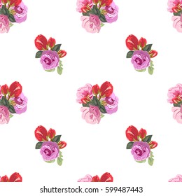 Vintage seamless pattern with cute pink and red flowers. Hand-drawn floral background for textile, cover, wallpaper, gift packaging, printing.Romantic design for calico.