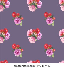 Vintage seamless pattern with cute pink and red flowers. Hand-drawn floral background for textile, cover, wallpaper, gift packaging, printing.Romantic design for calico.