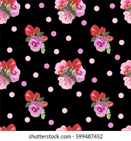 Vintage seamless pattern with cute pink and red flowers. Hand-drawn floral background for textile, cover, wallpaper, gift packaging, printing.Romantic design for calico.