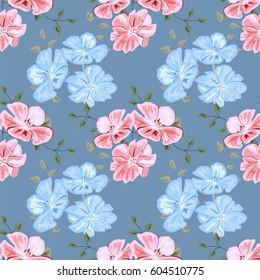 Vintage seamless pattern with cute pink and blue geranium. Hand-drawn floral background for textile, cover, wallpaper, gift packaging, printing.Romantic design for calico.