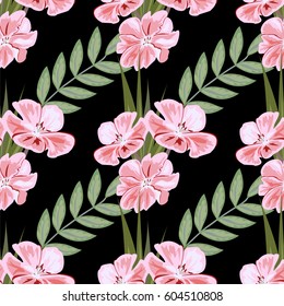 Vintage seamless pattern with cute pink geranium. Hand-drawn floral background for textile, cover, wallpaper, gift packaging, printing.Romantic design for calico.