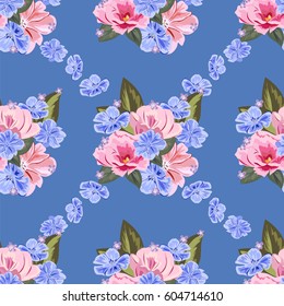 Vintage seamless pattern with cute pink and blue flowers. Hand-drawn floral background for textile, cover, wallpaper, gift packaging, printing.Romantic design for calico.