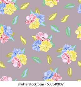 Vintage seamless pattern with cute pink, yellow and blue flowers. Hand-drawn floral background for textile, cover, wallpaper, gift packaging, printing.Romantic design for calico.