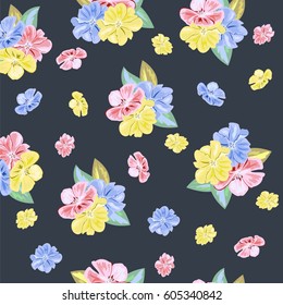 Vintage seamless pattern with cute pink, yellow and blue flowers. Hand-drawn floral background for textile, cover, wallpaper, gift packaging, printing.Romantic design for calico.