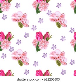Vintage seamless pattern with cute pink geranium and rose buds. Hand-drawn floral background for textile, cover, wallpaper, gift packaging, printing.Romantic design for calico.