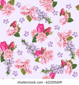 Vintage seamless pattern with cute pink geranium and rose buds. Hand-drawn floral background for textile, cover, wallpaper, gift packaging, printing.Romantic design for calico.