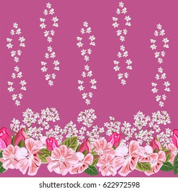 Vintage seamless pattern with cute pink geranium and rose buds. Hand-drawn floral background for textile, cover, wallpaper, gift packaging, printing.Romantic design for calico.