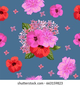 Vintage seamless pattern with cute pink and red flowers. Hand-drawn floral background for textile, cover, wallpaper, gift packaging, printing.Romantic design for calico.