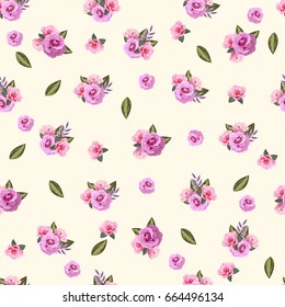 Vintage seamless pattern with cute pink flowers. Hand-drawn floral background for textile, cover, wallpaper, gift packaging, printing.Romantic design for calico.