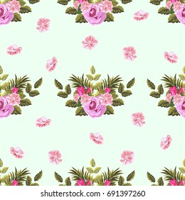 Vintage seamless pattern with cute pink flowers and green leaves. Handdrawn floral background for textile, cover, wallpaper, gift packaging, printing.Romantic design for calico, silk.