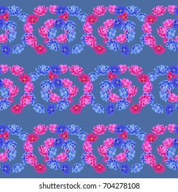 Vintage seamless pattern with cute pink and blue flowers. Hand-drawn floral background for textile, cover, wallpaper, gift packaging, printing.Romantic design for calico.
