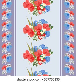 Vintage seamless pattern with cute red and blue flowers and berries. Hand-drawn floral background for textile, cover, wallpaper, gift packaging, printing, scrapbooking.Romantic design for calico.