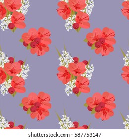Vintage seamless pattern with cute red flowers and berries. Hand-drawn floral background for textile, cover, wallpaper, gift packaging, printing, scrapbooking.Romantic design for calico.