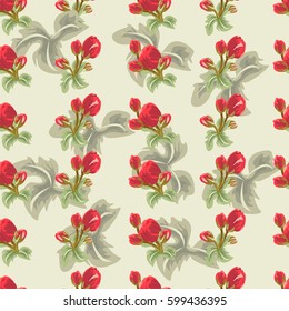 Vintage seamless pattern with cute red flowers. Hand-drawn floral background for textile, cover, wallpaper, gift packaging, printing.Romantic design for calico.