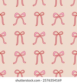 Vintage seamless pattern with cute small bows. Vector hand drawn background in retro coquette aesthetic. Whimsical pink outline ribbons