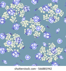 Vintage seamless pattern with cute small petunia. Hand-drawn floral background for textile, cover, wallpaper, gift packaging, printing, scrapbooking.Romantic design for calico.
