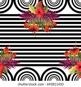 Vintage seamless pattern with cute tropical flowers on striped background. Handdrawn floral background for textile, cover, wallpaper, gift packaging, printing.Romantic design for calico, silk.