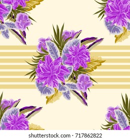 Vintage seamless pattern with cute tropical flowers on striped background. Hand-drawn floral background for textile, cover, wallpaper, gift packaging, printing.Romantic design for calico, silk.