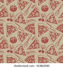 Vintage Seamless Pattern with Cuts of Pizza, Tomatoes, Olives and Dishware