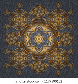 Vintage seamless pattern for decoration, fabric or textile. Decorative vector golden elements with gray backdrop.