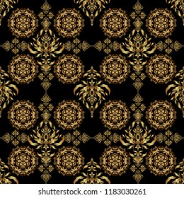 Vintage seamless pattern for decoration, fabric or textile. Decorative vector golden elements with black backdrop.