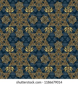 Vintage seamless pattern for decoration, fabric or textile. Decorative vector golden elements with blue backdrop.
