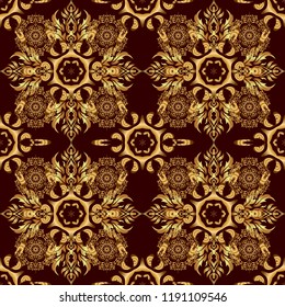 Vintage seamless pattern for decoration, fabric or textile. Decorative vector golden elements with brown backdrop.