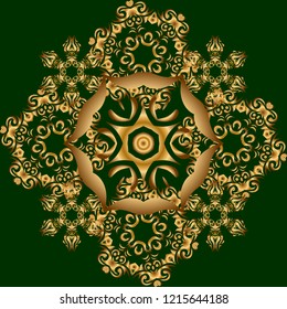 Vintage seamless pattern for decoration, fabric or textile. Decorative vector golden elements with green backdrop.