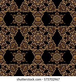 Vintage seamless pattern for decoration, fabric or textile. Decorative vector golden elements with black backdrop.