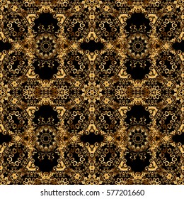Vintage seamless pattern for decoration, fabric or textile. Decorative vector golden elements with black backdrop.