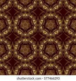 Vintage seamless pattern for decoration, fabric or textile. Decorative vector golden elements with brown backdrop.