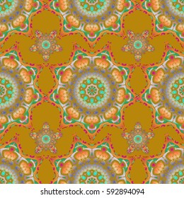 Vintage seamless pattern for decoration, fabric or textile. Decorative vector multicolored elements with yellow backdrop.