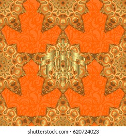 Vintage seamless pattern for decoration, fabric or textile. Decorative vector golden elements with orange backdrop.