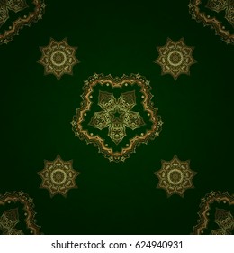 Vintage seamless pattern for decoration, fabric or textile. Decorative vector golden elements with green backdrop.