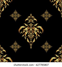 Vintage seamless pattern for decoration, fabric or textile. Decorative vector golden elements with black backdrop.