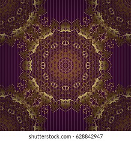 Vintage seamless pattern for decoration, fabric or textile. Decorative vector golden elements with purple backdrop.