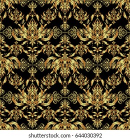 Vintage seamless pattern for decoration, fabric or textile. Decorative vector golden elements with black backdrop.