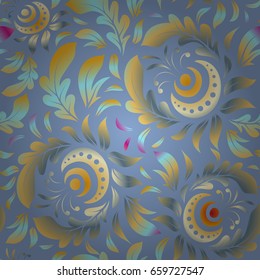Vintage seamless pattern. Decoration for fabric, textile, interior in blue, red and yellow colors. Handmade vector illustration.